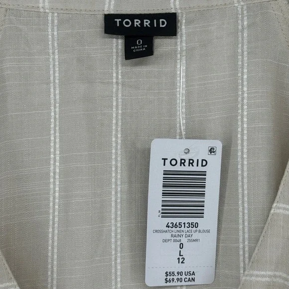 Torrid Lace Up V Neck Long Sleeve Blouse Ivory Stripe‎ Size 0X L 12 Flowy NWT - Picture 5 of 9